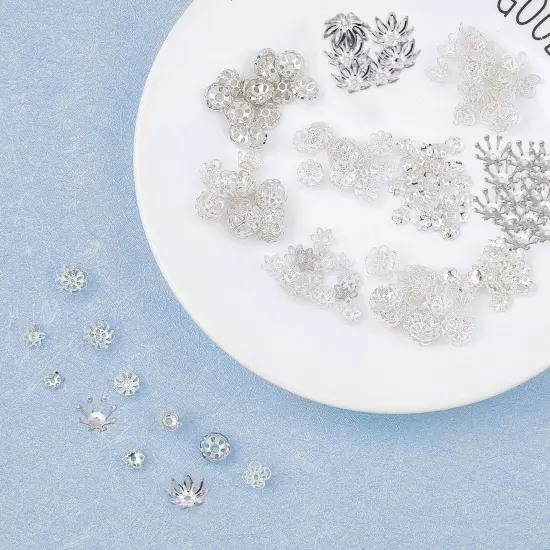 1 Box 240Pcs 12 Styles Flower Spacer Beads Caps Silver Bead Caps Mixed Tibetan Beads Jewelry Findings for DIY Earring Bracelet Necklace Keyring Making {5}