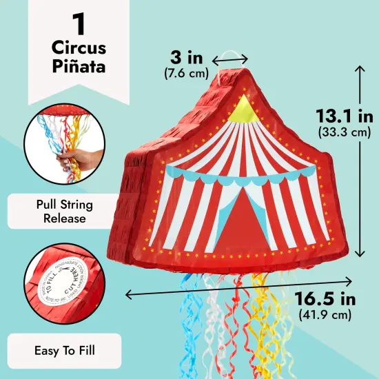 Pull String Circus Pinata - Carnival Theme Party Decorations for Birthday (Small, 16.5x3x13 In), For Ages 3+ Red {5}