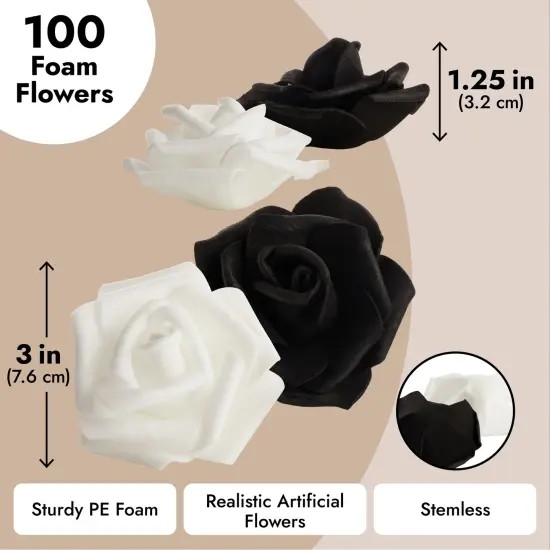 100 Pack Black and White Artificial Flowers, Bulk Stemless Fake Foam Roses for Decorations, DIY Crafts, Bouquets (3 In) {5}
