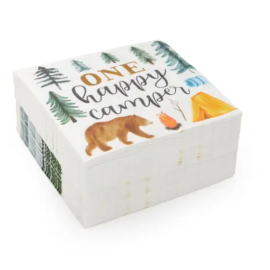 Camping Napkins for 1st Birthday Party Supplies, One Happy Camper (6.5 In, 100 Pack) Blue {5}