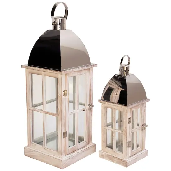 Northlight Antique Style Wooden Candle Lanterns - 21.5" - White and Silver- Set of 2 {4}