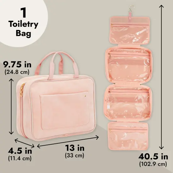 Large Roll Up Hanging Toiletry Bag For Women, Pastel Pink Makeup Travel Organizer with S Hook for Cosmetics, Hair Accessories, Razors (13x4.5x9.75 In) {3}