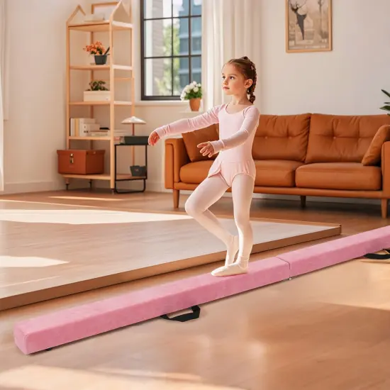 8 Feet Portable Folding Gymnastic Balance Beam with Solid Wood Base Ideal for Walkover or Cartwheel Light Pink {1}