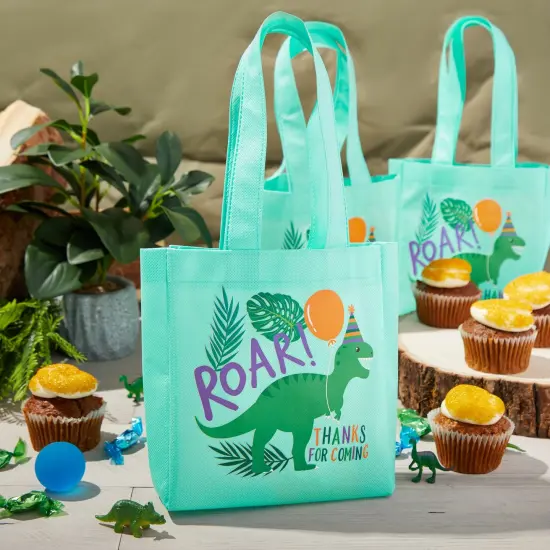 BLUE PANDA 24-Pack Small Dinosaur Goodie Bags with Handles for Kids Birthday - Reusable Non-woven Dino Tote for Goodie Favors and Treats - 6.5 x 7 x 1.8 In, Ages 3-14 Green {3}