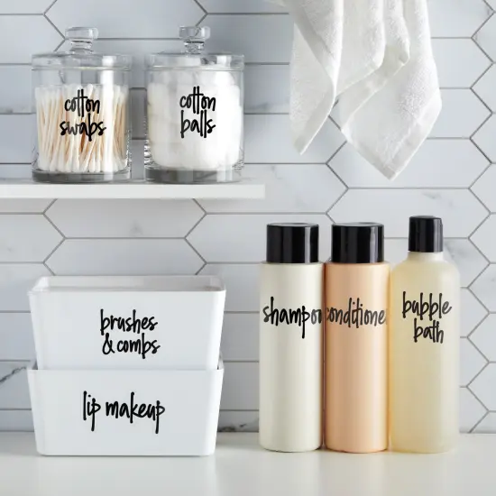 Talented Kitchen 192 Preprinted Bathroom Labels for Containers - Black Script Stickers for Organizer Bins, Bath, Beauty Canisters, and Makeup Storage Organization (Water Resistant) {6}