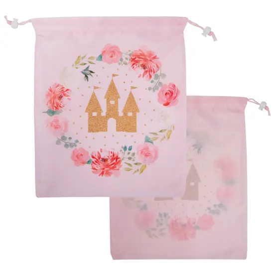 12 Pack Pink Drawstring Gift Bags for Princess Birthday Party Favors, Castle and Rose Print (10 x 12 In) {7}
