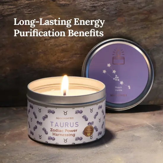 Magnificent 101 Long Lasting Taurus Zodiac Candle | 6 Oz - 35 Hour Burn | Peach Vanilla Scented Soy Wax Candle | Harness the Power of Astrological Signs to Find Your Strength Multicolor {2}