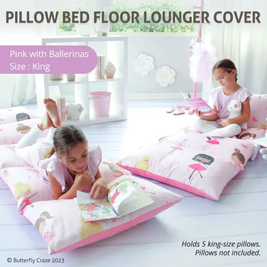 Butterfly Craze Floor Pillow Case, Mattress Bed Lounger Cover, Pink Ballerina, King Size - Cozy Seating Solution for Kids & Adults, Recliner Cushion, for Reading, TV Time (Pillow Not Included) {3}