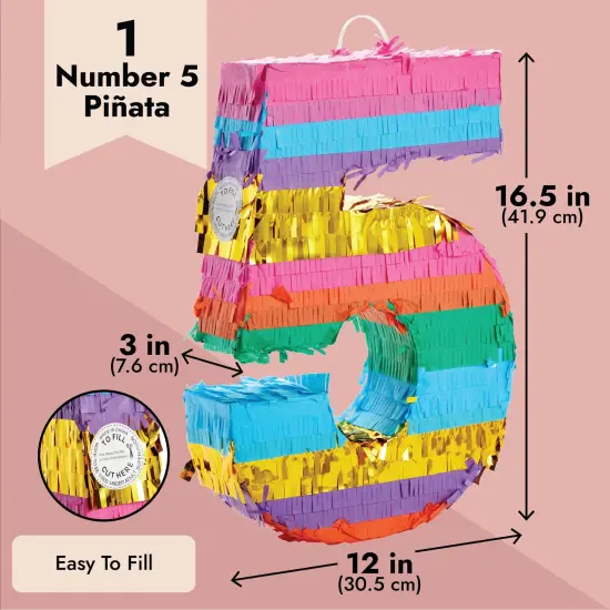 BLUE PANDA Rainbow Number 5 Pinata for Kids Ages 3-14 Birthday Party Decoration, Fiesta, Cinco de Mayo Celebration, Small (12 x 16.5 x 3 In) Multicolor {3}
