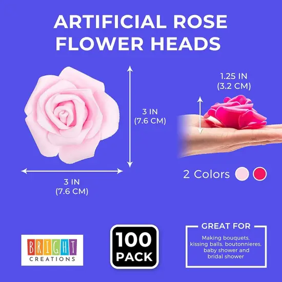 Bright Creations 100 Pack Pink Artificial Rose Flower Heads for Wall Decoration, Wedding Centerpieces, Bridal Showers Backdrop (3 Colors, 3x1.2 in) {7}