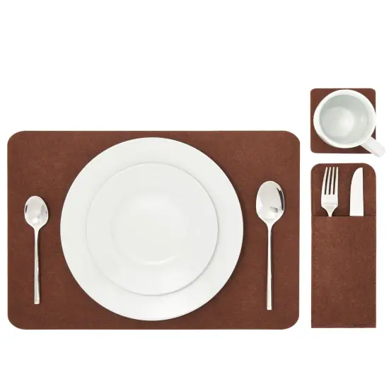 Felt Table Placemats Set of 8 for Dining Table and Kitchen Decor with Drink Coasters and Cutlery Pouches (Coffee Brown, 24 Pieces) {3}