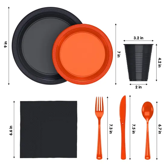 Exquisite 350 Pcs Plastic Plates for Party &ndash; Disposable Plates Set &ndash; 50 Each of 9" Dinner Plates, 7" Dessert Plates, Plastic Cups, Napkins & Plastic Cutlery &ndash; Plastic Dinnerware by Party Solids Orange & Black {2}