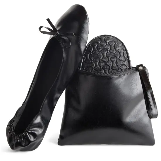 Black Foldable Ballet Flats for Women, Roll Up Flats with Zipper Pouch, US Size 10-11 {1}