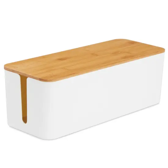 Box for Cable Management, 1 Large ABS Cord Organizer Box with Bamboo Lid, White {5}