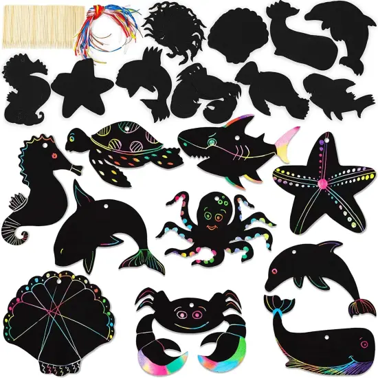 Bright Creations Rainbow Scratch Paper, Ocean Sea Animal Ornaments (50 Pack) Black {1}