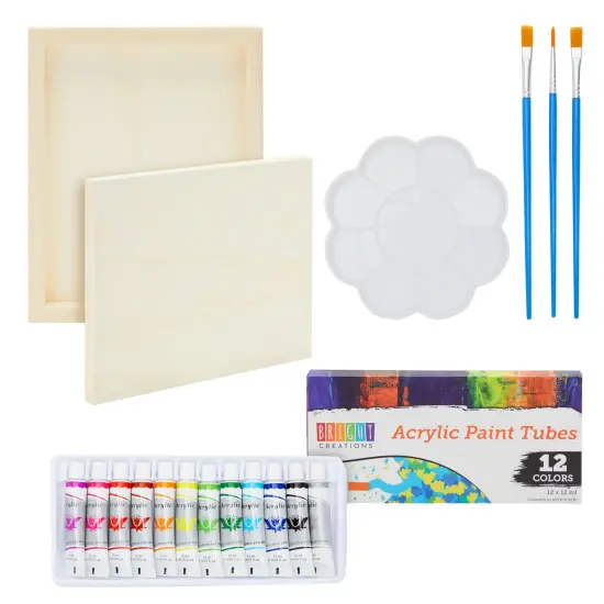 18-Piece 8 x 10-Inch Wooden Canvas Painting Set, 2 Natural Wood Panel Paint Boards with 12 Acrylic Paint Tubes, 3 Brushes, and 1 Plastic Palette for Crafting and Art Supplies Multicolor {1}