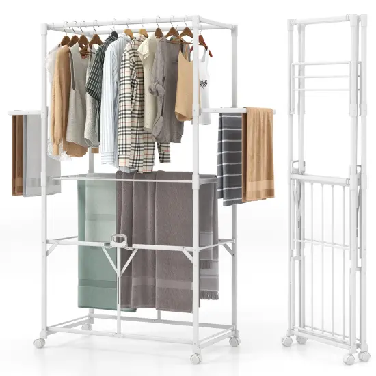 White Foldable Aluminum Drying Shelves Rack with Hanging Rods and Lockable Wheels {4}