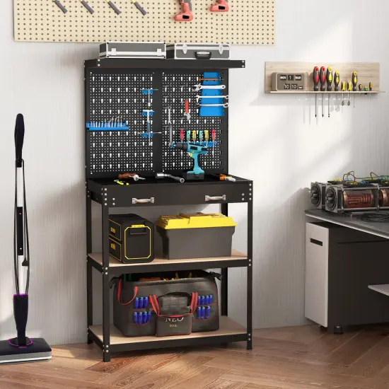 Freestanding Tool Storage Workbench with Pegboard with 14 Hanging Accessories and 2 Drawers Black and Blue {1}