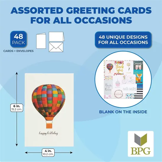 48-Pack Assorted Cards with Envelopes for All Occasions, Box Set of Greeting Cards for Birthdays, Congratulations, Weddings, Thank You, Thinking of You Notes, 48 Designs (4x6 In) Multicolor {3}