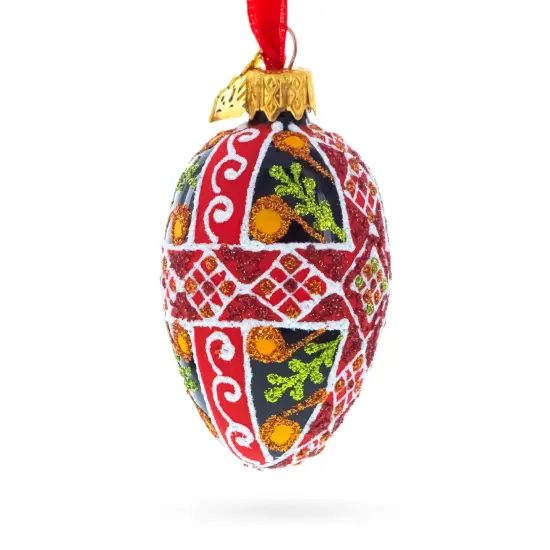 Black with Red, Green, and Gold Glitter Cross Pattern Mini Glass Egg Ornament 2.9 Inches {3}