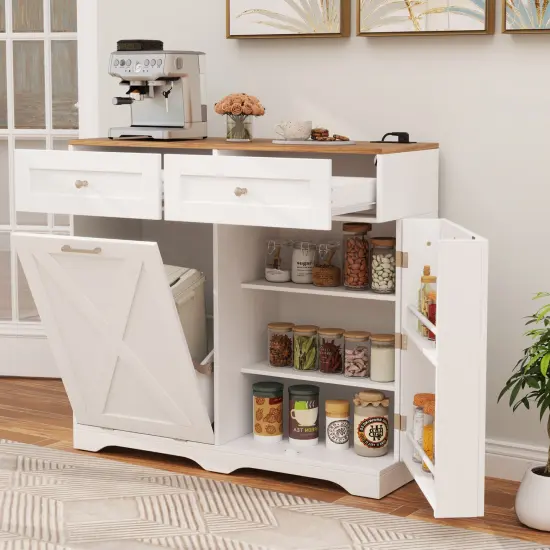 Tilt Out Wooden Trash Can Cabinet with 3 Position Adjustable Shelf and Power Outlets White {3}
