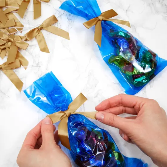 100-Pack Twist Tie Bows for Crafts, Pre-Tied Satin Ribbon for Christmas Gift Wrap Bags, Party Favors, Baked Goods, Cookies, Mini Bowties for Hair Decorations (2.5x3 in, Metallic Gold) {3}