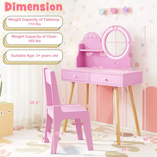 MDF and Pine Wood Kids Princess Dressing Desk with LED Mirror, Storage and Chair Pink {5}