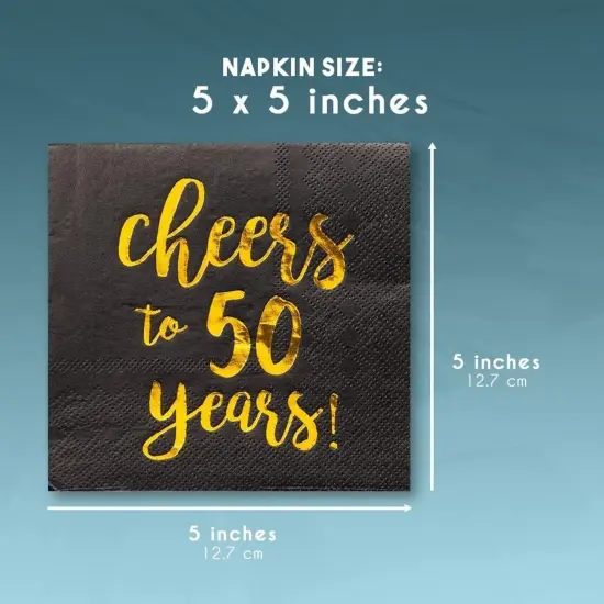 BLUE PANDA 50 Pack Cheers to 50 Years Printed Cocktail Napkins for 50th Birthday and Anniversary - 3-Ply, Black & Gold Foil {3}