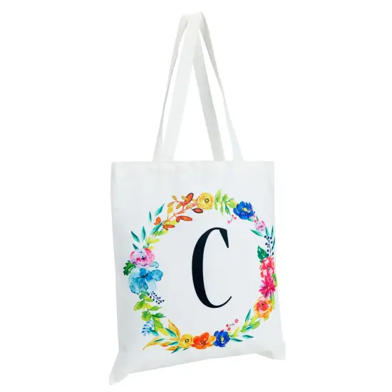 Set of 2 Reusable Monogram Letter C Personalized Canvas Tote Bags for Women, Floral Design (29 Inches) White {6}