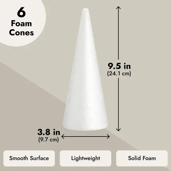 6 Pack Foam Cones for Crafts, DIY Art Projects, Handmade Gnomes, Trees, Holiday Decorations (3.8 x 9.5 in) {5}