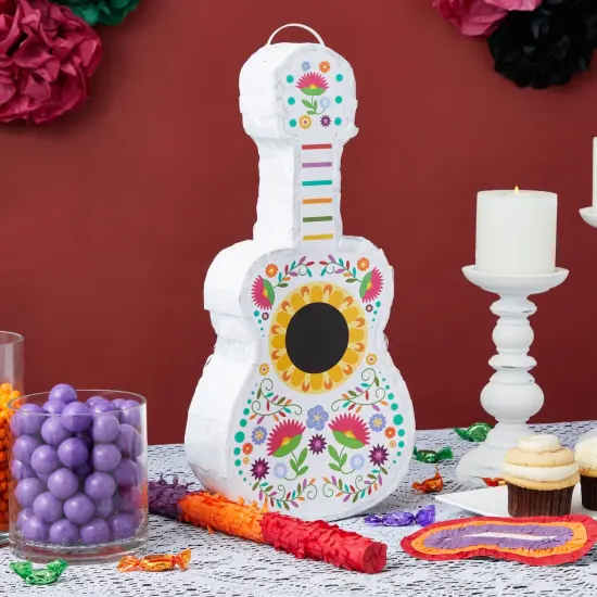 3-Piece Floral Guitar Pinata Bundle with Stick and Blindfold for Cinco de Mayo, Kids Birthday Party (7.5 x 3 x 16.5 In) Multicolor {3}