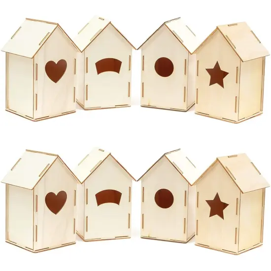 Mini Wood Bird Houses for DIY Crafts (4 Designs, 8 Count) Brown {1}