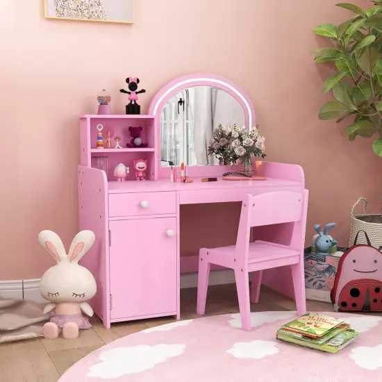 Costway Kid Vanity Table Chair Set 2-Color LED Lights Large Drawer Shelf Cabinet White/Pink {1}