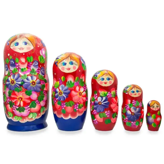 Set of 5 Flowers on Red Scarf Wooden Nesting Dolls 7.25 Inches {1}