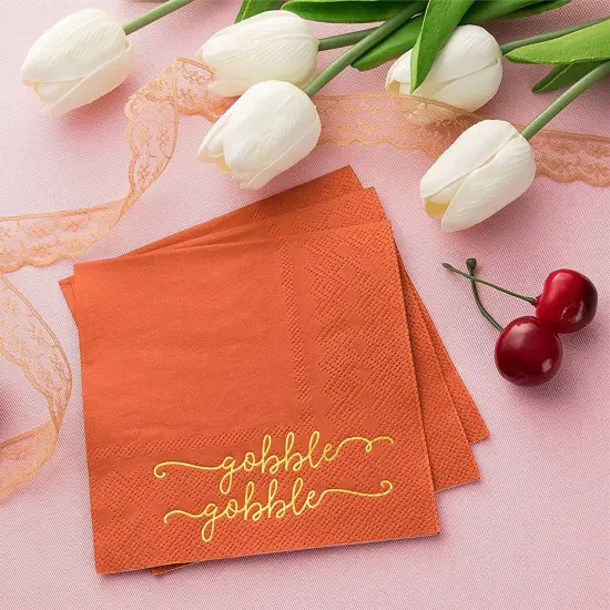 50 Pack Thanksgiving Cocktail Napkins Party Supplies Table Decorations, Gobble Gobble (5 x 5 In) Orange {4}