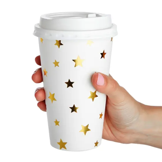 48 Pack Disposable 16oz Coffee Cups with Lids, Paper To Go Coffee Cups for Themed Birthday Party, Wedding, Baby Shower (Foil Stars) White {7}