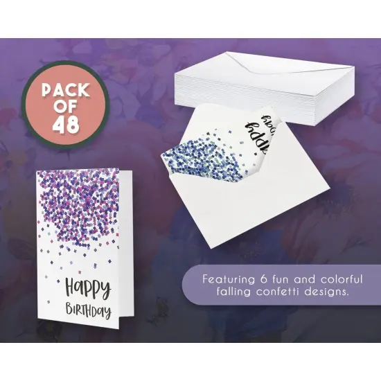 48 Pack Birthday Cards Bulk, 6 Assorted Confetti Designs with Envelopes, 4x6 Multicolor {3}