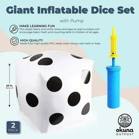 2 Pack Giant Yard Dice with Air Pump, Pool Party Essentials, White, 20 in {2}