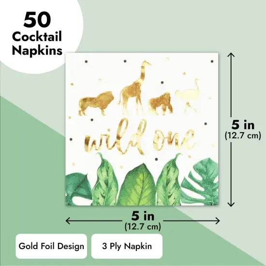 50 Pack Wild One Napkins for Jungle Safari First Birthday Party Supplies, Animal Print Napkins for Boys or Girls Party, Green Leaves with Gold Foil Accents (5 x 5 In) {4}