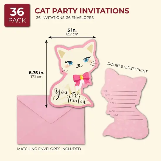 Cat Birthday Party Invitations with Envelopes (5 x 7 in, 36 Pack) Pink {2}