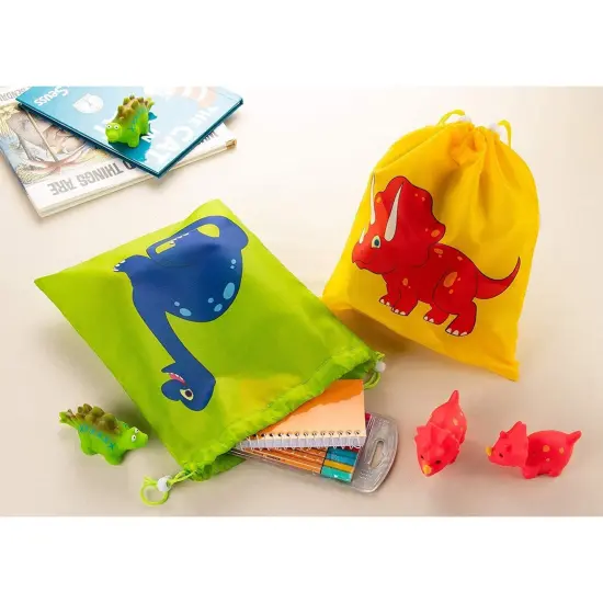 Drawstring Bags - 12-Pack Party Favor Bags for Kids Dinosaur Birthday, 3 Assorted Designs, Goodie Treat Bags, Dino Themed Party Supplies, For Giveaways and Gifts, Green, Red, Yellow, 9.7 x 12 Inches {3}