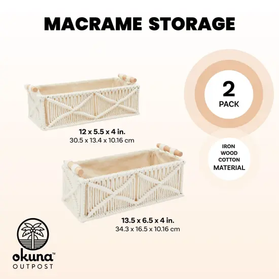 Set of 2 Macrame Storage Baskets, Woven Bins with Wood Handles for Home Decor (Ivory) White {6}