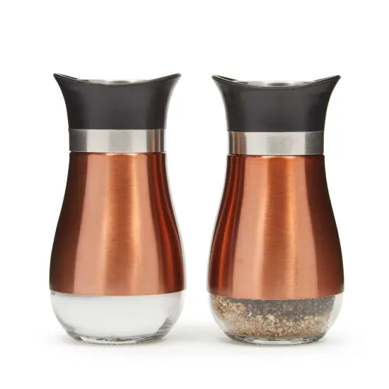 Stainless Steel Copper Salt and Pepper Shakers Set with Glass Bottom, Screw-Off Caps, Perforated "S" and "P" Designs for Kitchen, 2.5 x2.5 x 4.5 Inches (4oz) Gold {5}