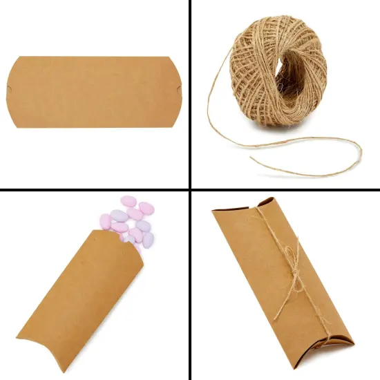 100-Pack Pillow Boxes with Jute Twine - Kraft Paper Pillow Box for Jewelry, Wedding Party Favor, Pen, Gift Card (7.5x3.7 In) {6}