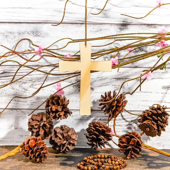 12 Pack Unfinished Wood Cross Cutouts with Gold Rope for Craft - Wooden Cross Ornaments Charms for Christian Baptism, Easter, First Communion, Rosary, Sunday School, Church Brown {3}