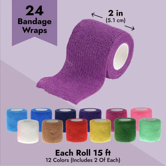 24-Rolls Self Adherent Bandage Wrap 2 inch x 5 Yards &ndash; Breathable Vet Tape, Elastic Cohesive for Wrist, Swelling, Sports, Tattoo (12 Bright Colors) {5}