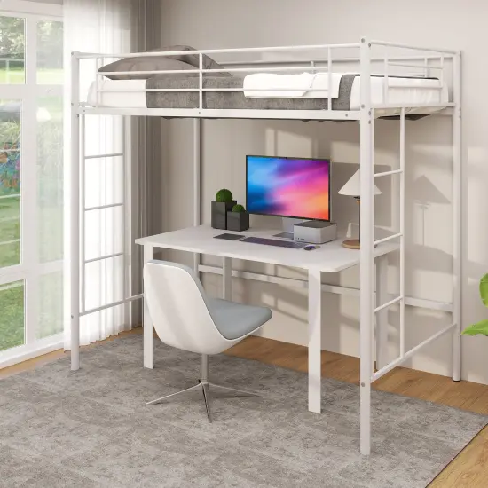Metal Loft Bed Frame with Dual Ladders, Safety Guardrails and Under-bed Storage White {2}