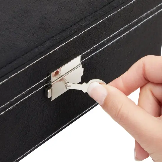 Velvet Jewelry Box Organizer - Lockable 2 Layer Travel Case, Earrings Storage with Removable Tray for Women, Men (Black) {7}