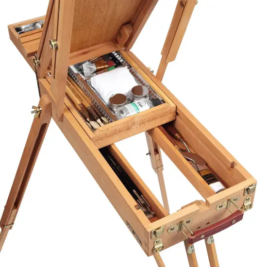 Grand Luxe French Easel - Oiled Beechwood Artist Easel with Brass Fittings, Adjustable Dividers, and Wood Palette- Plein Air Easel w/ Leather Handle and Linen Strap for Canvases up to 34" High {7}