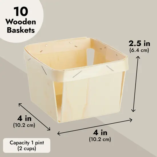 10 Pack 1-Pint Wooden Berry Baskets for Picking Fruit, Arts and Crafts, Decor, 4 Inch Square Vented Wood Berry Containers Brown {5}